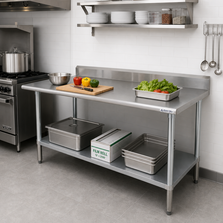Product image #2 for Advance Tabco Special Value 84-Inch x 24-Inch 16-Gauge 430 Stainless Steel Work Table with 5-Inch Backsplash and Adjustable Undershelf