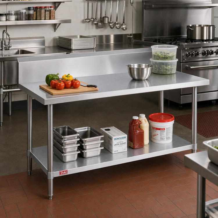 Product image #2 for Duke 84-Inch x 30-Inch Stainless Steel Work Table with 10-Inch Riser, Marine Edge, and Galvanized Undershelf