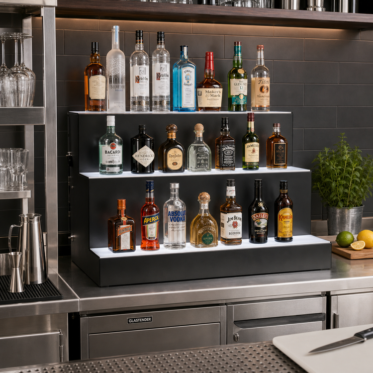 Product image #2 for Glastender 3-Tier Lighted Liquor Display, 30-Inch Wide, LED, Black Vinyl-Clad Steel