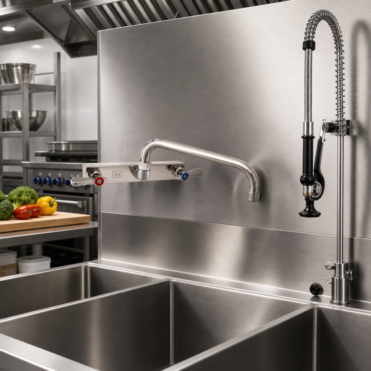 Product image #2 for BK Resources Evolution 8-Inch Center Splash-Mounted Pre-Rinse Faucet with 18-Inch Double-Joint Swing Spout