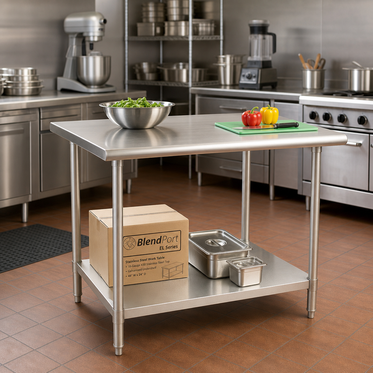 Product image #2 for BlendPort EL Series 48-Inch x 24-Inch Flat Top Work Table with 18-Gauge 430 Stainless Steel Top and Galvanized Undershelf