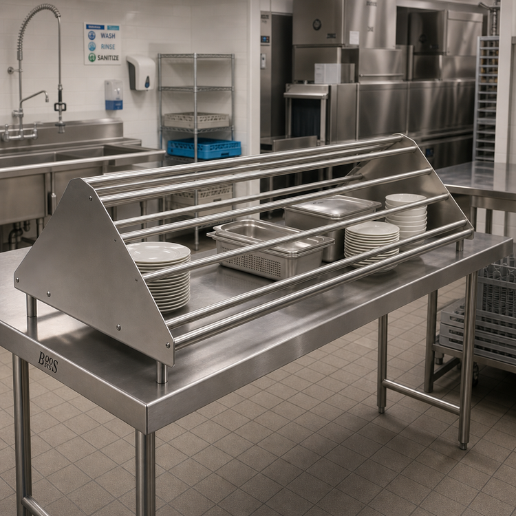 Product image #2 for John Boos Double-Sided Tubular Stainless Steel Sorting Shelf for Soiled Dish Tables, 96 Inch x 30-1/2 Inch