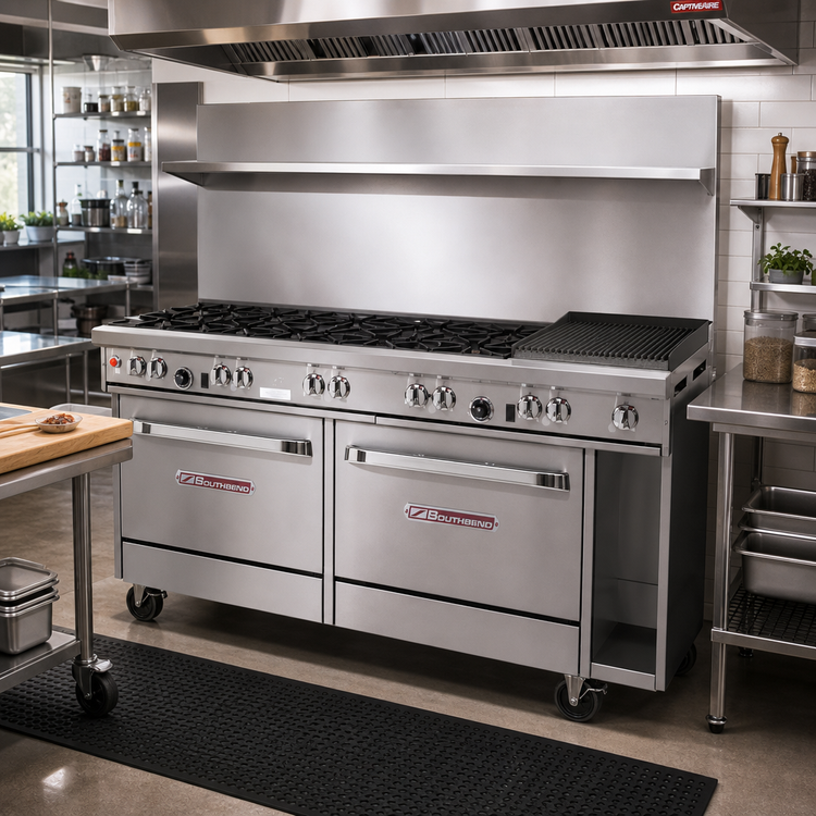 Product image #2 for Southbend Ultimate 60-Inch Gas Restaurant Range with 6 Open Burners, 24-Inch Charbroiler, Standard Oven, and Cabinet Base