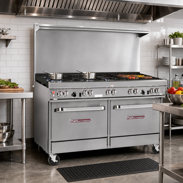 Product image #2 for Southbend Ultimate 60-Inch Gas Restaurant Range with 6 Open Burners, 24-Inch Charbroiler, Standard Oven, and Cabinet Base