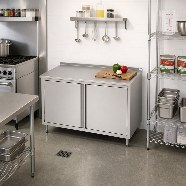 Product image #2 for John Boos Enclosed Work Table with Cabinet Base and Hinged Doors, 36 Inch W x 30 Inch D, 16-Gauge Stainless Steel Top, 1-1/2 Inch Rear Riser