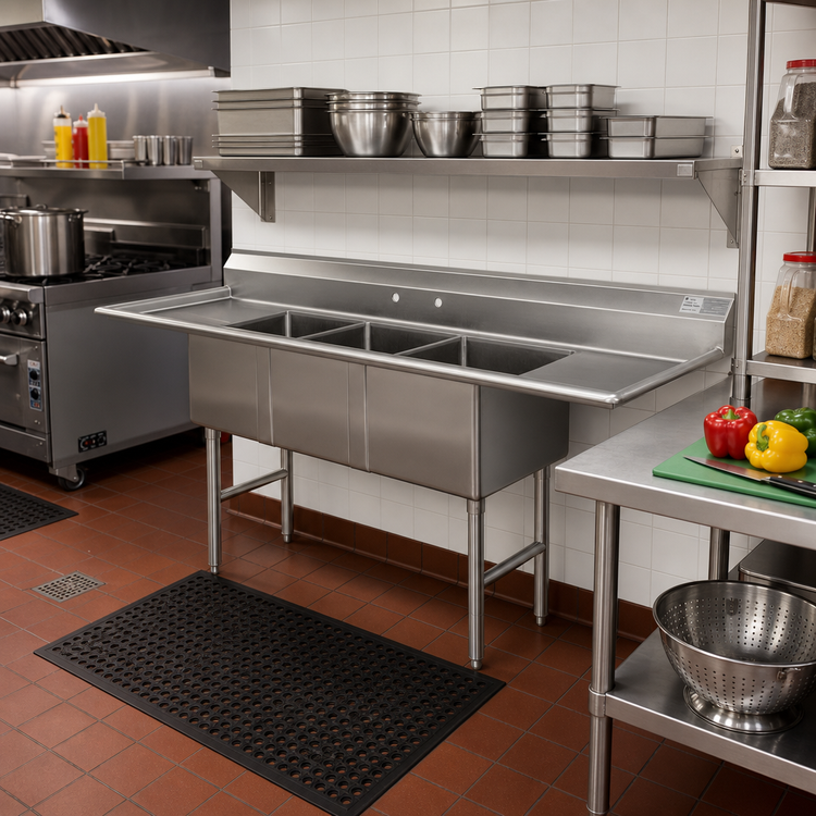 Product image #2 for Advance Tabco 3-Compartment Fabricated Stainless Steel Sink with Left and Right Drainboards, 24 x 30 x 14-Inch Bowls
