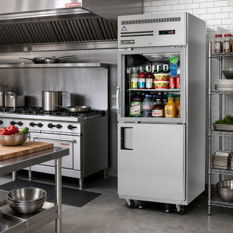 Product image #2 for Everest Refrigeration EGSH2 One-Section Reach-In Refrigerator with Glass and Solid Half Doors, 23.0 Cu. Ft., Top-Mounted Self-Contained, 115V