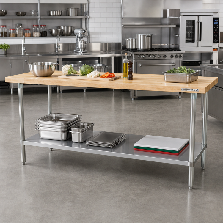 Product image #2 for Advance Tabco Hard Maple Top Work Table with Adjustable Undershelf, 96 x 24 Inches