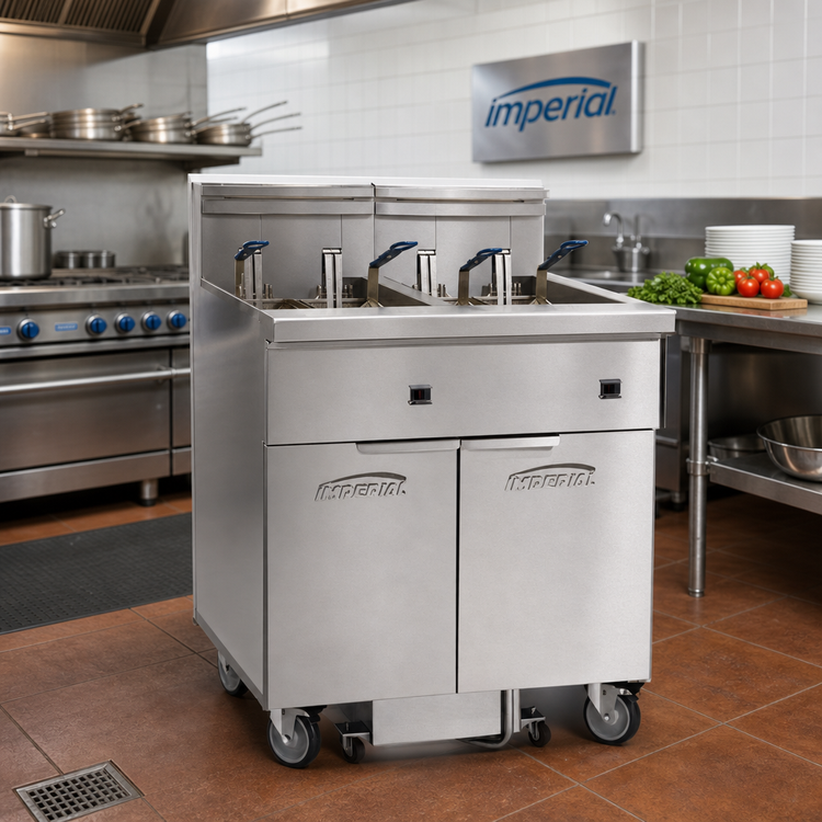 Product image #2 for Imperial Six-Battery Electric Floor Fryer with Built-In Space Saver Filter System, 50 lb. Per Tank