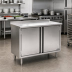 Thumbnail image #2 for Eagle Group Spec-Master UCBH24120SE 120 x 24-Inch Stainless Steel Enclosed Work Table, 14-Gauge 304 Top, 4 Hinged Doors, 1-1/2-Inch Rear Up-Turn