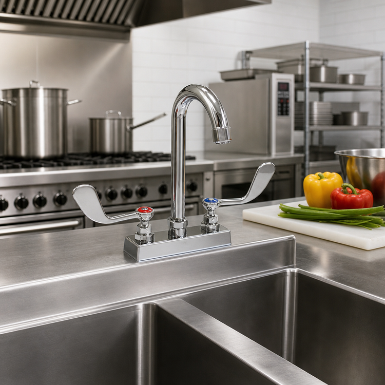 Product image #2 for Heavy Duty Deck Mounted Manual Faucet with Rigid Gooseneck Spout, Wrist Handles, 4 Inch Centers