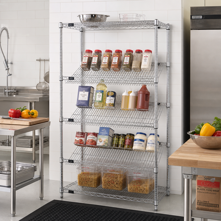Product image #2 for Quantum 36 Inch Wide Slanted Stationary Wire Shelving Unit, 18 Inch Deep x 63 Inch High, Chrome-Plated