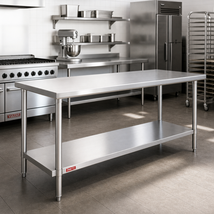 Product image #2 for Duke Manufacturing 84 x 36 Inch 300-Series Stainless Steel Work Table with Undershelf and Posts, 36 Inch High, Without Backsplash
