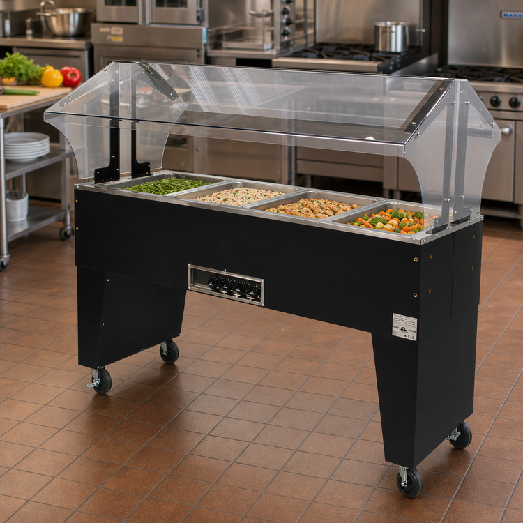 Product image #2 for Advance Tabco Triumph Supreme Portable Electric Hot Food Buffet Table, 4-Well, Open Base, Double-Sided Sneeze Guard, 208/240V
