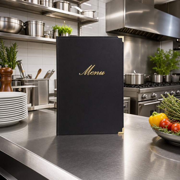 Product image #2 for Securit Classic Sewn 10 x 13 Black Faux Leather Booklet Menu Cover with Gold Lettering