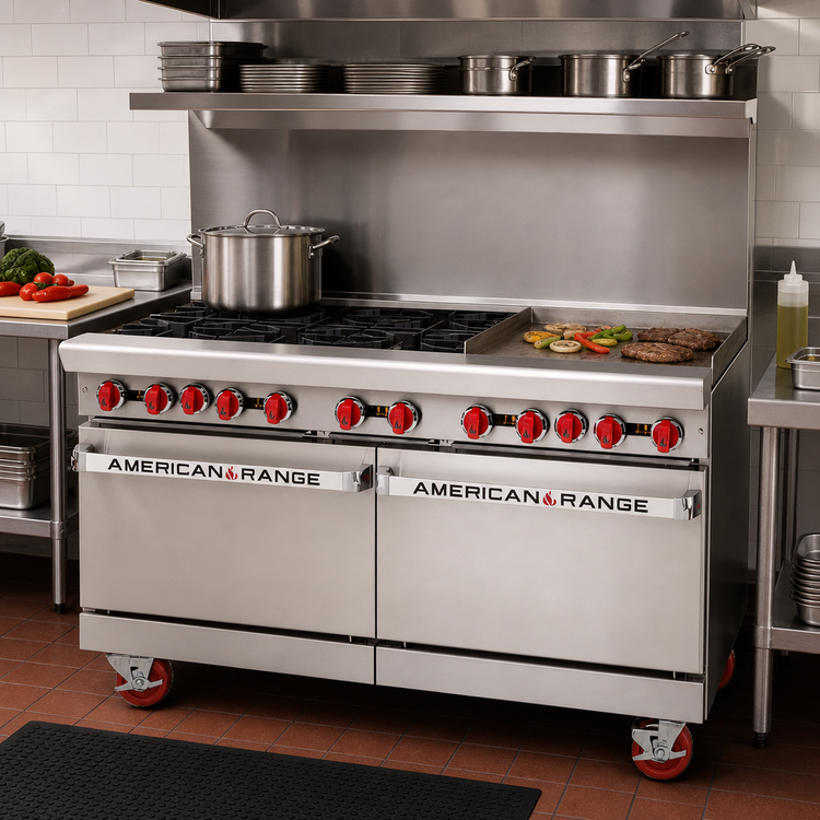 Product image #2 for American Range 60-Inch Commercial Gas Restaurant Range with 24-Inch Griddle, 6 Open Burners, Convection Oven, and Storage Base