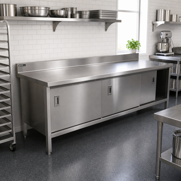 Product image #2 for John Boos Enclosed Work Table with Sliding Door Cabinet Base, 132-Inch x 30-Inch, 14-Gauge 300-Series Stainless Steel Top, 5-Inch Backsplash