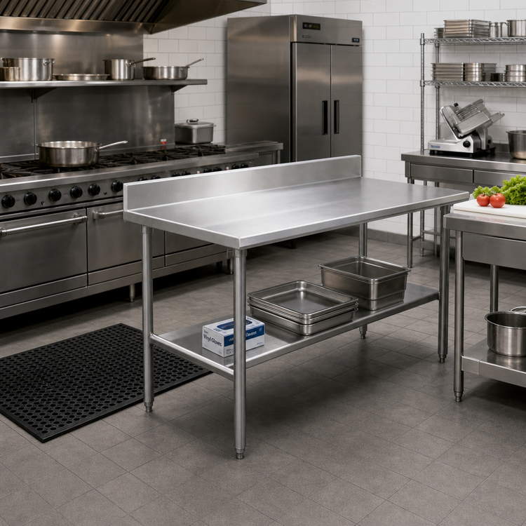 Product image #2 for Advance Tabco 60-Inch x 36-Inch 14-Gauge 304 Stainless Steel Work Table with 5-Inch Backsplash and Open Base