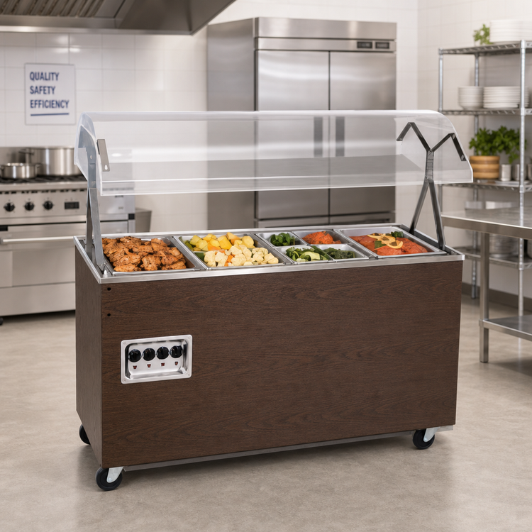 Product image #2 for Vollrath 2-Series Affordable Portable 3-Well Mobile Hot Food Station with Buffet Breath Guard and Enclosed Base, Walnut Woodgrain, 208-240V