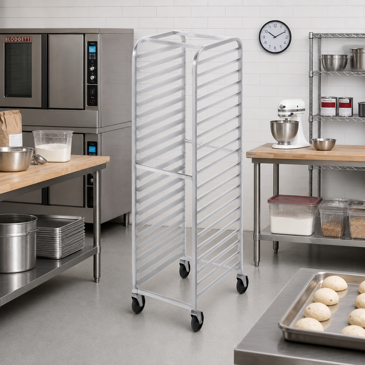 Product image #2 for Economy Series All-Welded Aluminum Side-Load Bun Pan Rack with 5-Inch Swivel Stem Casters, 20-Pan Capacity