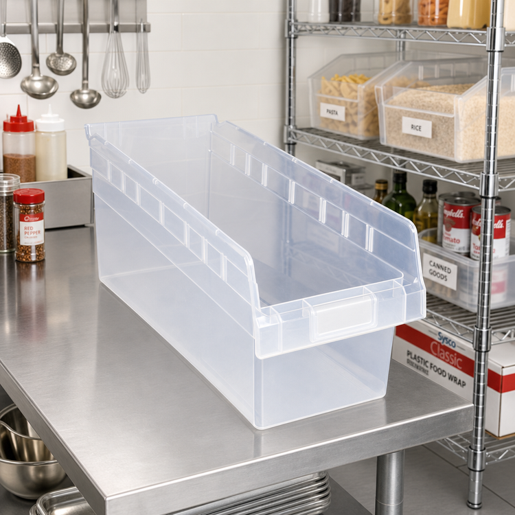 Product image #2 for Quantum Economy Nesting Clear Shelf Bin with Rear Hanglock and Label Holder, 8-3/8 x 17-7/8 x 8 Inches