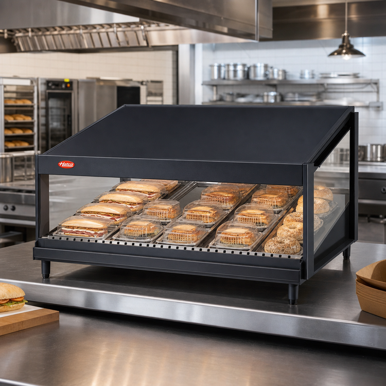 Product image #2 for Hatco Glo-Ray 60-Inch Countertop Pass-Through Merchandising Warmer with Slanted Shelf, 12 Rods, and Infrared Top Heat