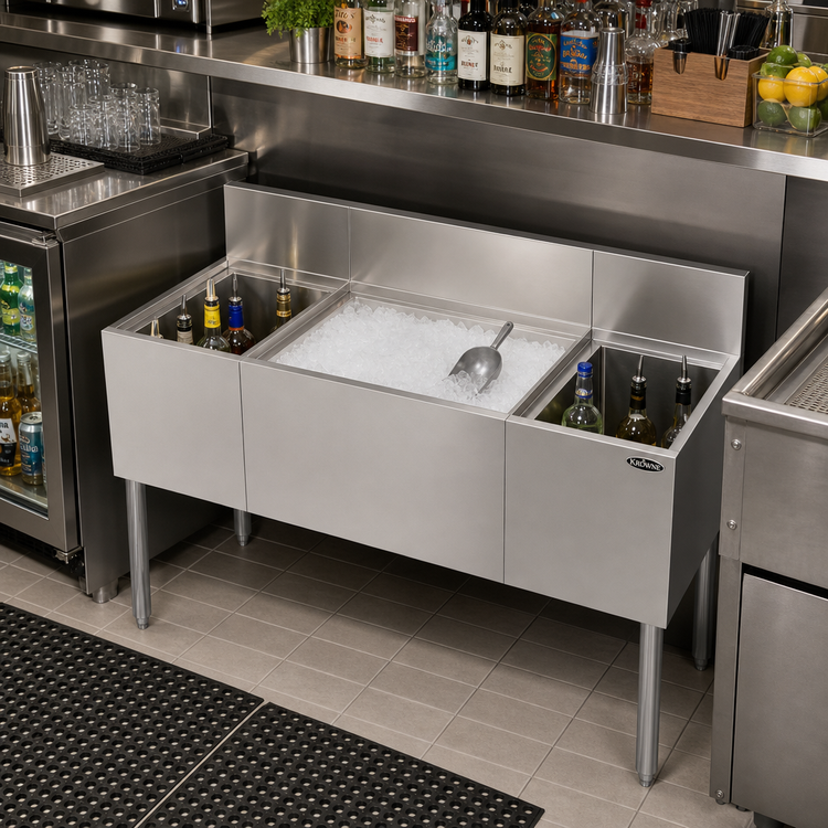 Product image #2 for Krowne Royal Series 48-Inch Underbar Center Combination Ice Bin with Dual Bottle Wells, 74 lb. Capacity
