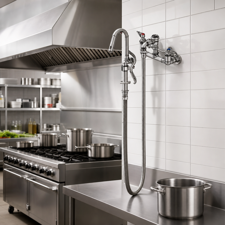 Product image #2 for T&S Brass Wall-Mount Pot Filler Faucet with 68-Inch Flexible Stainless Steel Hose and Hook Nozzle, 8-Inch Centers
