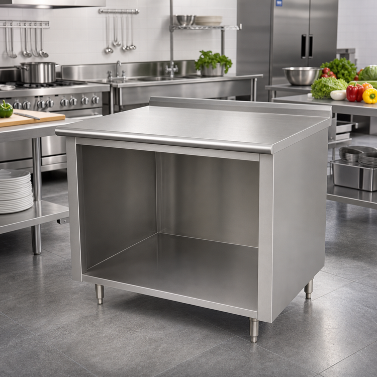 Product image #2 for Advance Tabco 60 x 30 Open Front Cabinet Base Work Table with 14-Gauge 304 Stainless Steel Top and 1-1/2-Inch Rear Up-Turn
