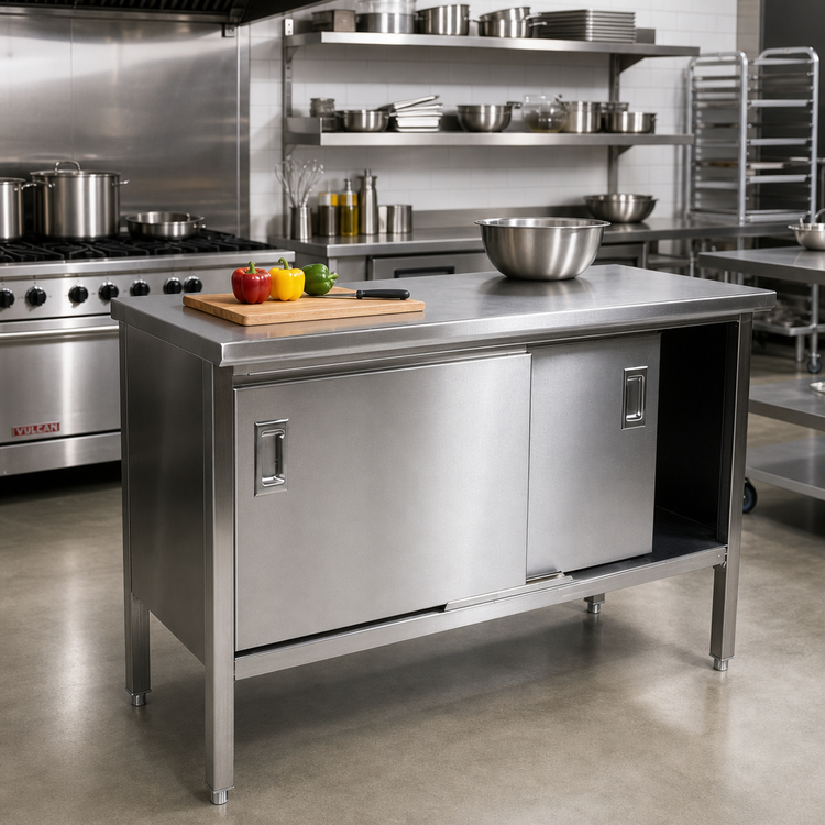 Product image #2 for John Boos Enclosed Stainless Steel Work Table with Sliding Doors, 84W x 24D, 14-Gauge 300 Series Top