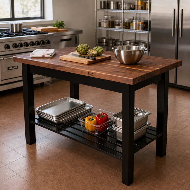 Product image #3 for John Boos Blended American Black Walnut Wood Top Work Table with Painted Base and Slatted Undershelf, 48 x 25 Inches