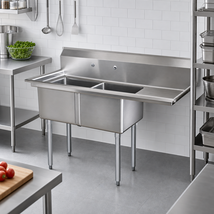Product image #2 for Omcan 2-Compartment Pot Sink with Right-Hand Drainboard and 24 x 24 x 14 Inch Bowls, 304 Stainless Steel