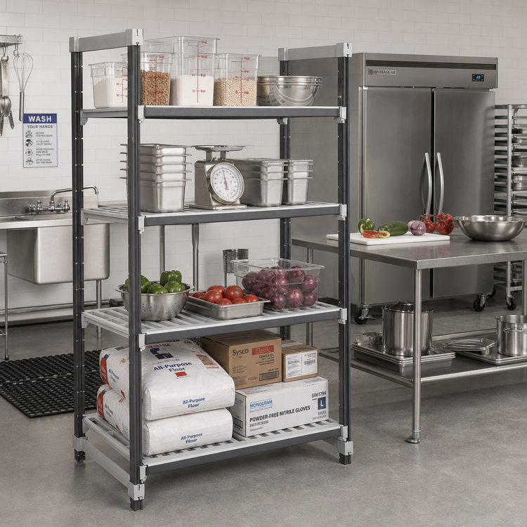 Product image #2 for Cambro Camshelving Elements XTRA 4-Tier Vented Stationary Polymer Shelving Starter Unit, 21 x 72 x 64 Inches, Speckled Gray