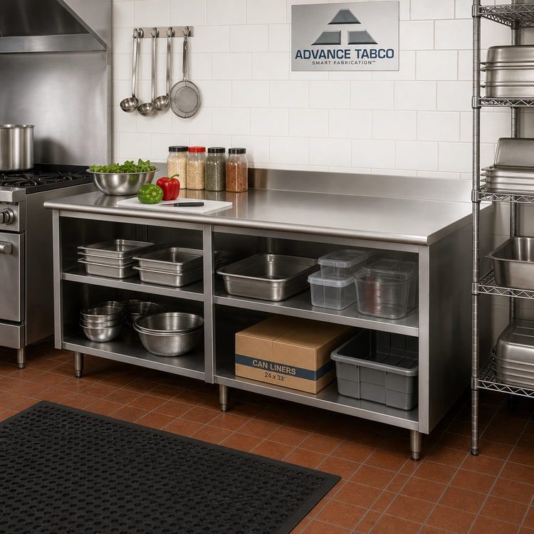 Product image #2 for Advance Tabco Special Value Economy 84-Inch x 24-Inch 16-Gauge 304 Stainless Steel Open Base Work Table with 5-Inch Backsplash and Mid Shelf