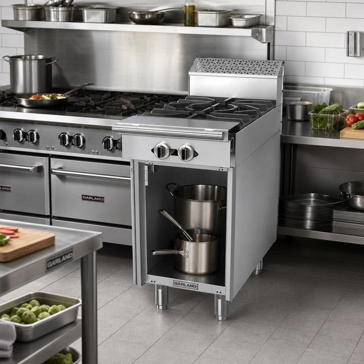 Product image #2 for Garland Cuisine Series Heavy-Duty 18-Inch Gas Add-A-Unit Range Section with 2 Open Burners and Storage Base