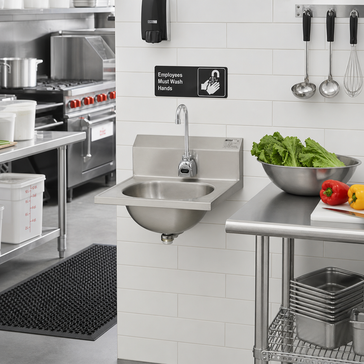 Product image #2 for Eagle Group Wall-Mount Hand Sink with Battery-Powered Electronic Eye Gooseneck Spout, 13-1/2 x 9-3/4 x 6-3/4-Inch Bowl, 304 Stainless Steel