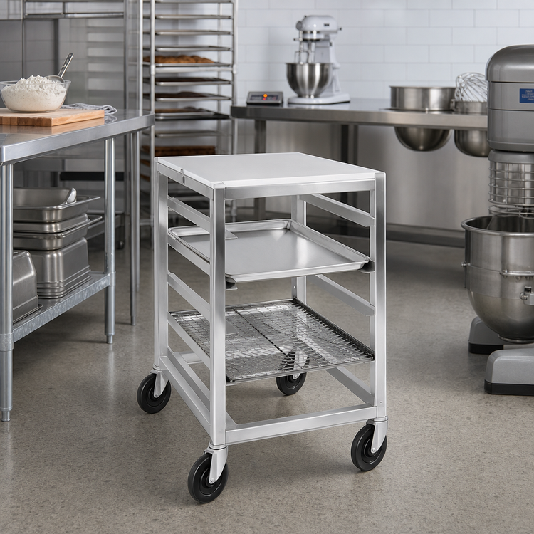 Product image #2 for Single-Section End-Load Aluminum Bun Pan Rack with Poly Top Work Surface and 5-Inch Swivel Stem Casters