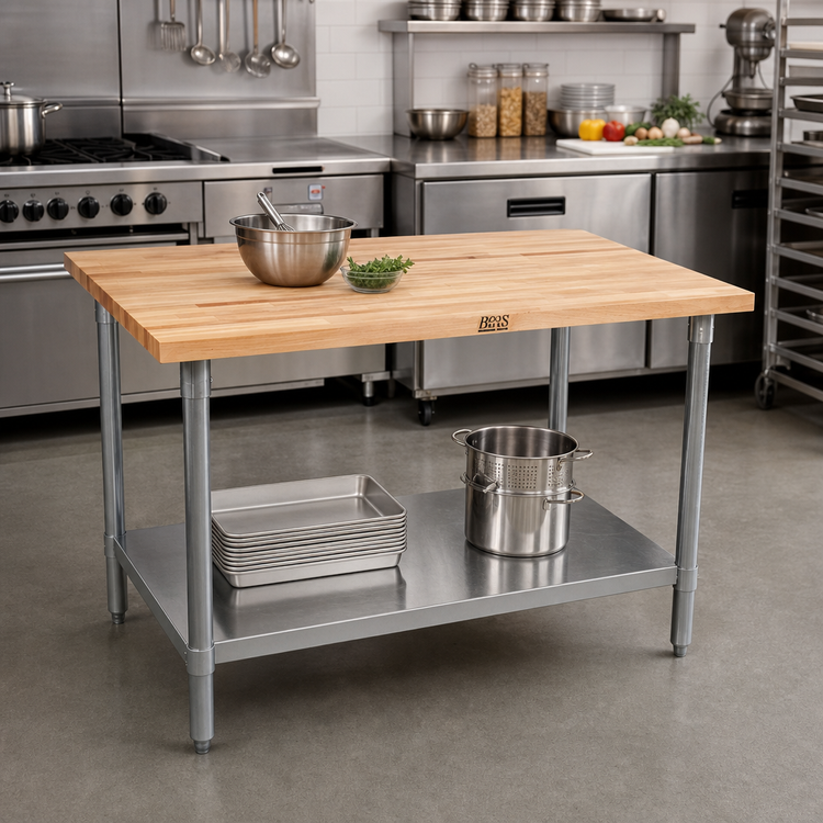 Product image #2 for John Boos 36 x 36 Inch Northern Hard Rock Maple Wood Top Work Table with Stainless Steel Base and Adjustable Undershelf