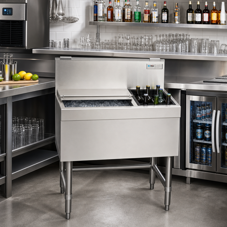 Product image #2 for 36-Inch Underbar Combo Ice Bin and Bottle Unit with Right-Side 6-Bottle Compartment, 67 lb Ice Capacity