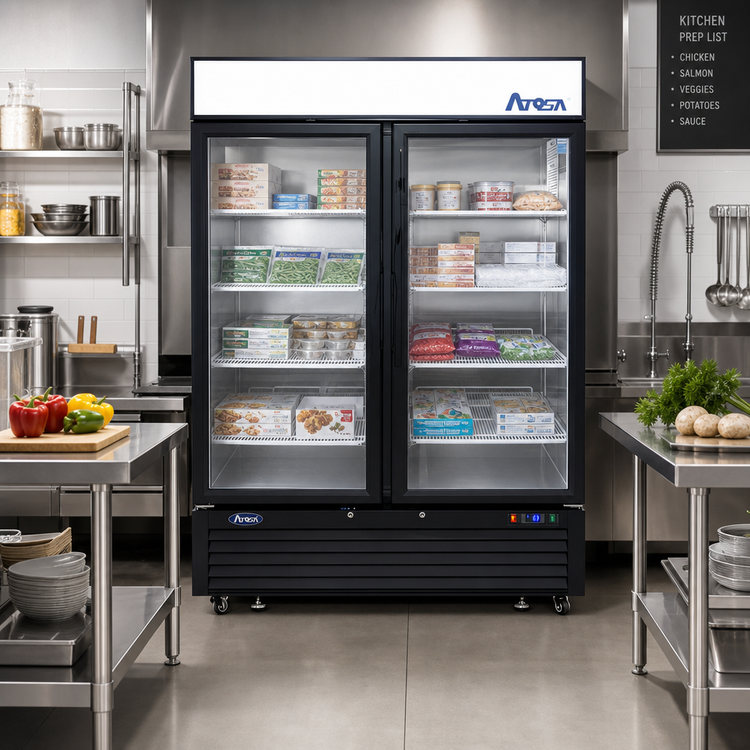 Product image #2 for Atosa MCF8721ES Two-Section Glass Door Freezer Merchandiser, 43.8 Cu. Ft., Black, Bottom-Mount Self-Contained