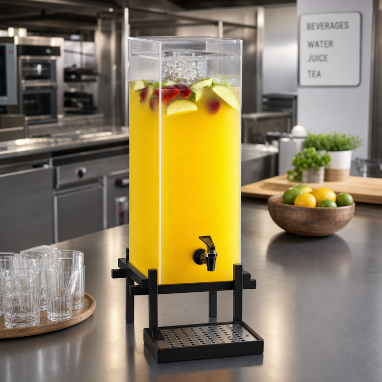 Product image #2 for One by One 5 Gallon Single Acrylic Beverage Dispenser with Ice Chamber, Drip Tray, and Black Metal Base