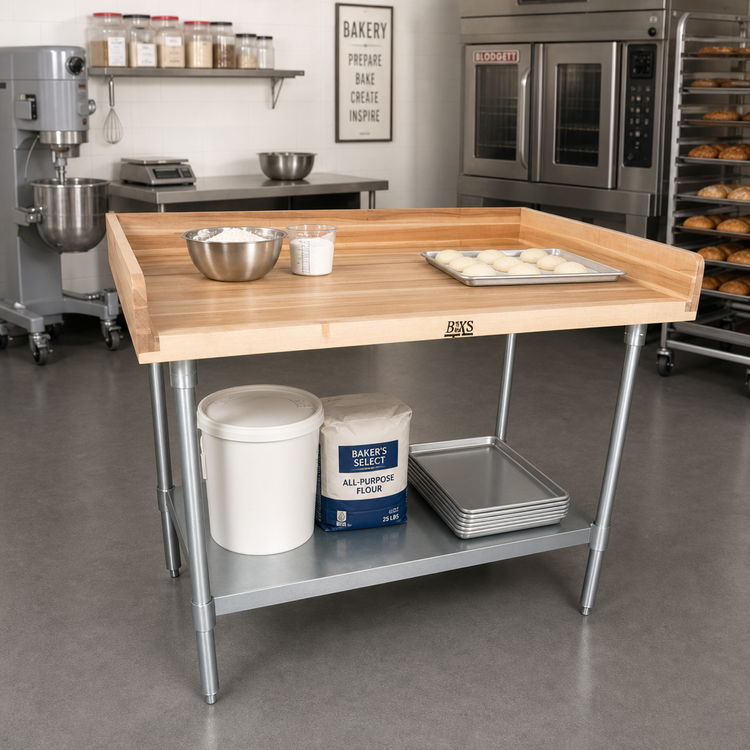Product image #2 for BK Resources 72-Inch x 36-Inch Bakers' Table with Hard Maple Top and Galvanized Undershelf