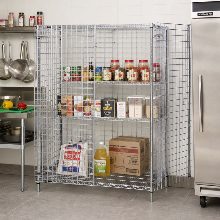 Product image #2 for Quantum Stationary Chrome Wire Security Cage with Doors and Shelves, 36"W x 18"D x 63"H