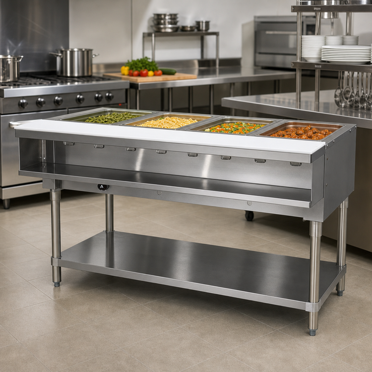 Product image #2 for Advance Tabco Triumph (Supreme) 4-Well Natural Gas Water Bath Hot Food Table with Poly Cutting Board and Undershelf