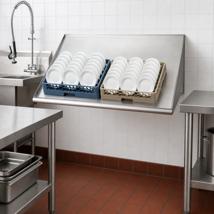 Product image #2 for Advance Tabco Special Value Series 42-Inch Wall-Mounted Stainless Steel Sorting Shelf for Two Full-Size Dish Racks