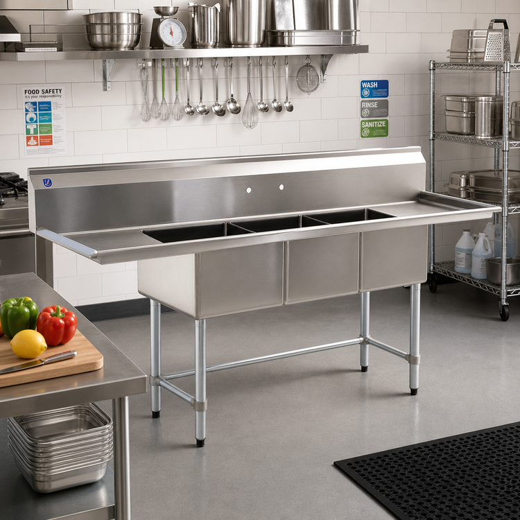 Product image #2 for Eagle Group BlendPort® BPFC Series 3-Compartment Sink with Right Drainboard, 18 x 18-Inch Bowls, 16 Gauge 304 Stainless Steel