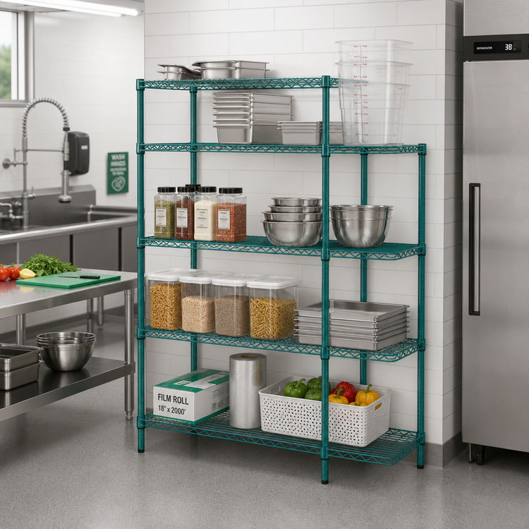 Product image #2 for Quantum 4-Tier Stationary Wire Shelving Unit, 36W x 18D x 72H, Green Epoxy Antimicrobial Finish