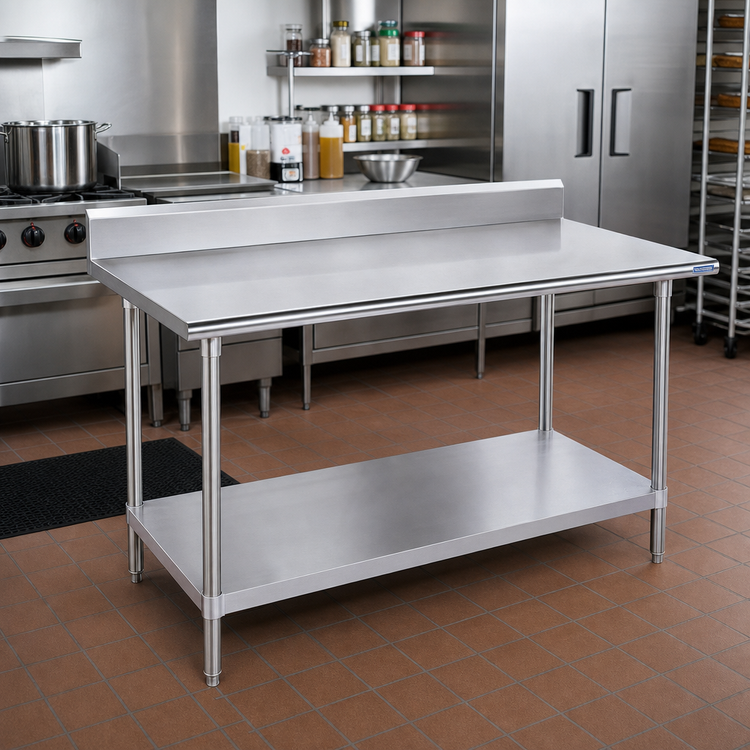 Product image #2 for Advance Tabco SKG-307 84-Inch x 30-Inch 16-Gauge 430 Stainless Steel Work Table with 5-Inch Backsplash and Adjustable Undershelf