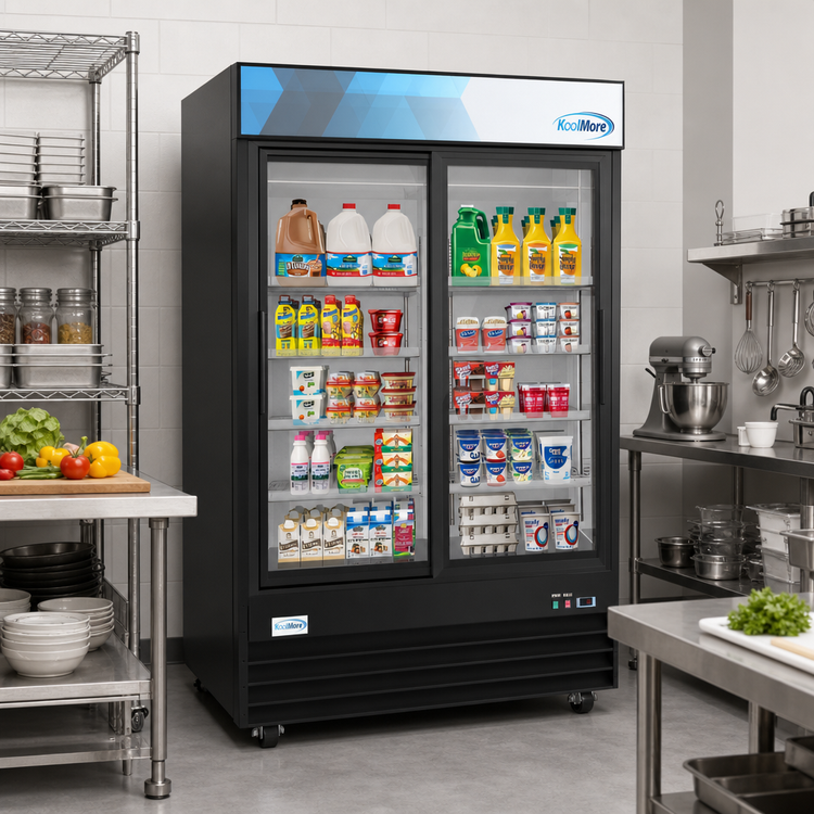 Product image #2 for KoolMore Two-Section Glass Door Merchandiser Refrigerator, 45 Cu. Ft., Sliding Doors, Bottom-Mount, Black
