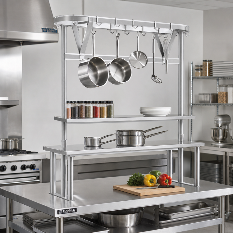 Product image #2 for Eagle Group 40" x 20" Table-Mounted Triple-Bar Aluminum Pot Rack with 12 Double-Prong Hooks